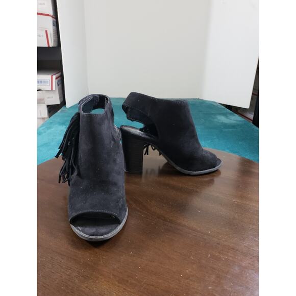 Express Heels Size 6 Womens Black Slingback Block Fabric Tassle Peep Toe Shoes - Picture 3 of 13